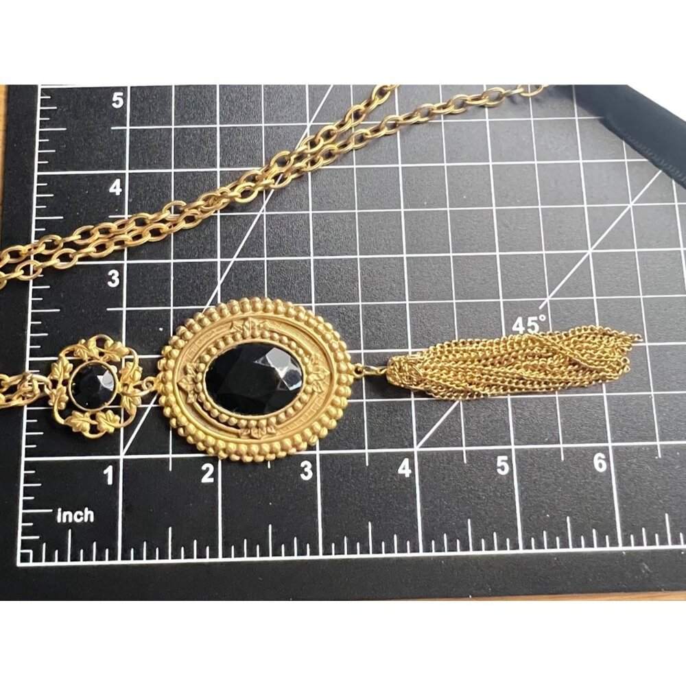 Gold Tone Victorian Revival Necklace Black Glass Medallions Tassel Pendant 36" - Picture 13 of 13